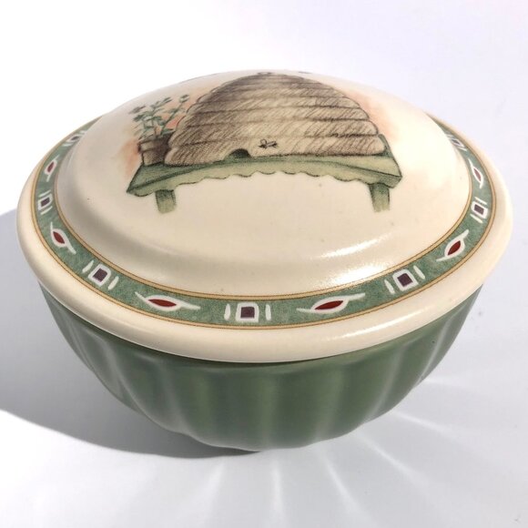 Pfaltzgraff Naturewood Votive Candle Bowl Trinket Dish Lid Beehive Bee Green 592 - Picture 1 of 16